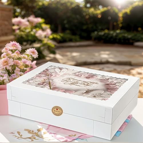 MUMULULU 4 PCS 19x14x4 Inch Cake Boxes with Cake Board White Sheet Rectangular Bakery Boxes with Window for Donuts Cookies Dessert Cupcakes Pastry Baking Pie Packaging - size: White 19×14×4