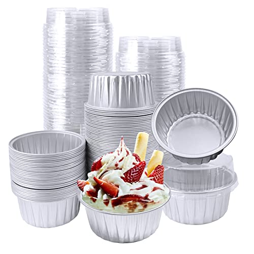 100Pcs Aluminum Cups with Lids,5oz Disposable Ramekin Baking Cups Muffin Liners Mini Pie Pans Foil Cupcake Containers for Christmas Party Wedding,Silver - color: Silver