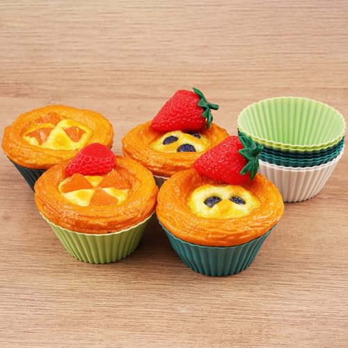 12 Pack Silicone Baking Cups, 4 Colors Reusable Non-Stick Muffin Liners, Heat-Resistant Cupcake Molds for Oven, Green - color: Green