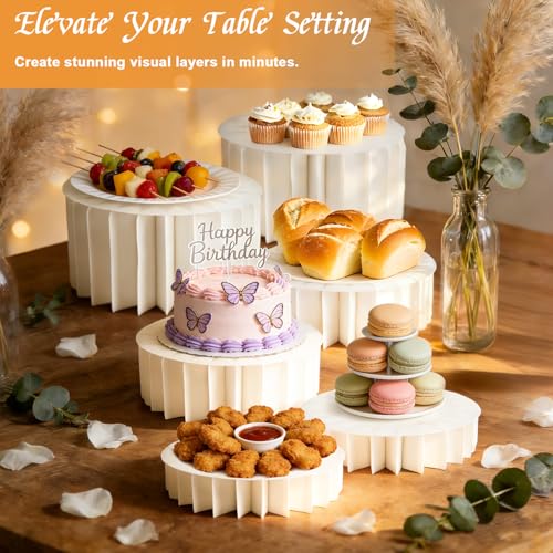 6 Pack Beige Foldable Paper Buffet Risers - Display Stands with Acrylic Top