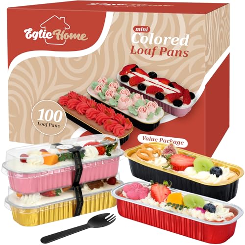 Mini Loaf Pans with Lids and Spoons (100 Pack, Mixed color, 6.8oz) Rectangular Aluminum Foil Baking Pans - color: Mixed color