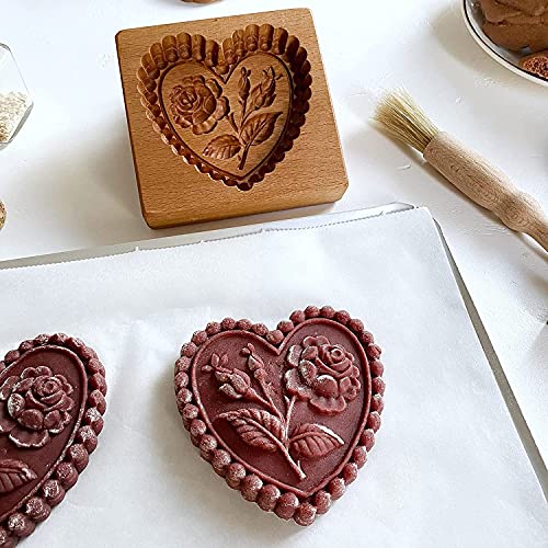 Carved Wooden Gingerbread Cookie Mold,3D Wooden Baking Mold Cookie Biscuit Press Stamp Molds,Cookie Cutter,Cookie Stamp,DIY Biscuit Stamp Mould for Halloween Thanksgiving Christmas(Rose of Love) - color: Rose of Love