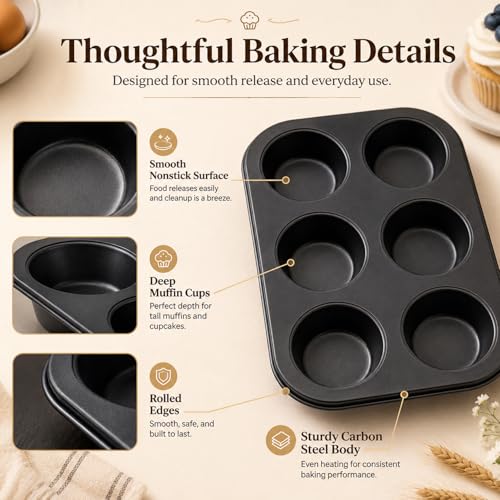 Premium Non-Stick Muffin Baking Pan,6-Cup cake Pan Set of 2(Black)
