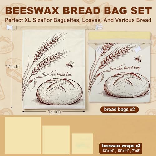 Beeswax Bread Bag 2 Pack, Reusable Sourdough Bread Bags for Homemade Bread - color: Fold Buckle-Farmhouse