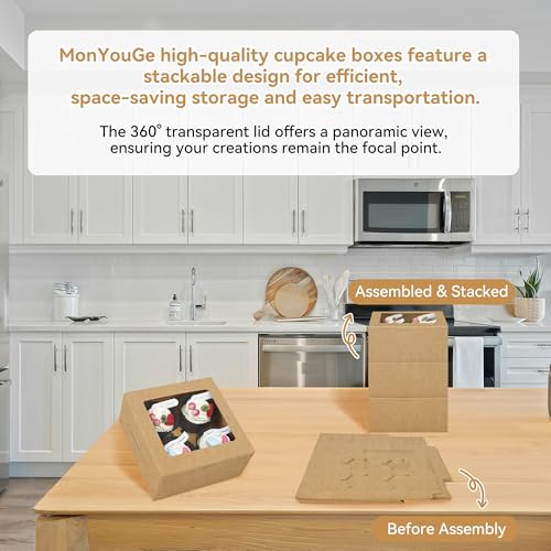 30-Set Cupcake Boxes Bulk with Clear Display Window Hold 4 Standard Cupcakes, Disposable Food Grade Brown Cupcake Carrier Cupcake Container, Perfect for Cupcakes Muffins Cookies Pastries
