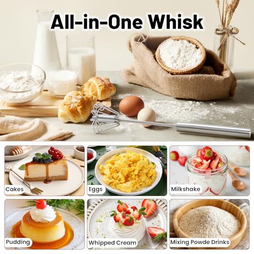 2026 Upgraded Semi-Automatic Stainless Steel Egg Beater – Hand Push Whisk for Baking, Cooking & Stirring – Perfect for Whisking Eggs, Batters & Creams – Effortless Mixing for Quick, Smooth (12in)