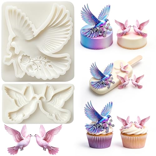 2Pcs Dove Silicone Mold Set, Peace Bird Cross Rose Fondant Molds - color: Dove silicone mold
