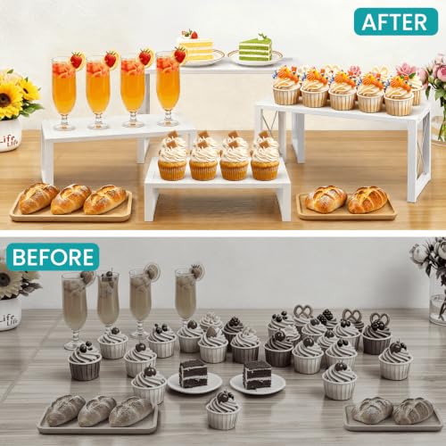 ELITEROO Tiered Display Stand, Wooden 4 Tier Display Risers, Nesting Cupcake Stand for Dessert, Food, Cupcake, Collectibles, Buffet Table, and Market Vendor Events Retail Shelf Organizer, White - color: 4 Tier, White