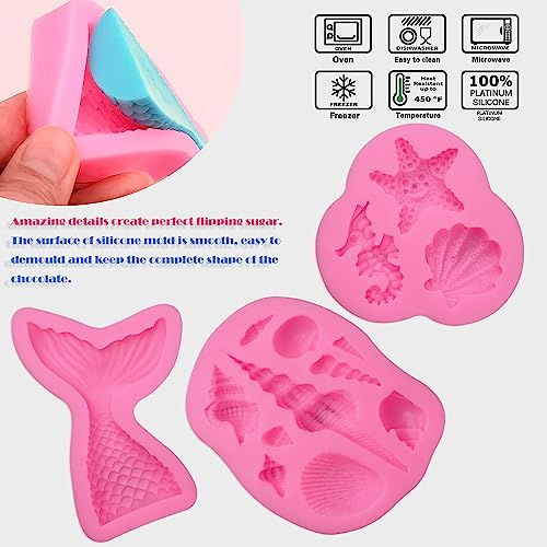 SAKOLLA Mermaid Theme Silicone Fondant Mold - Mermaid Tail Seashell Starfish Hippocampus Conch Silicone Mold for Under The Sea Cake Decoration, Gum Paste, Polymer Clay, Cupcake Decor, Sugar Craft - color: Mermaid Theme 3 Pcs/Red