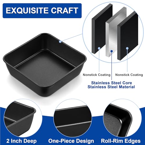 E-far 6 x 6 Inch Square Baking Cake Pan, Nonstick Small Baking Pan Set of 2 - size: 6x6x2 Inches