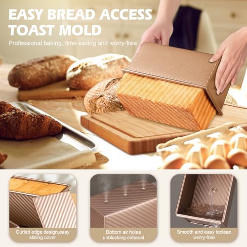 2.2lb Pullman Loaf Pan with Lid, Nonstick Carbon Steel Square Bread Pan for Baking Shokupan, Sandwich, Pain de Mie & Sourdough – Includes 6 Bonus Tools - color: Gold, size: 2.2LB (Single)
