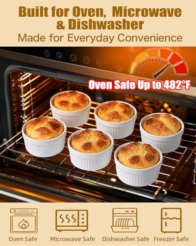 7 oz Ramekins Set of 6, Oven Safe Porcelain Ramekin Bowls for Creme Brulee, Souffle & Custard, Dessert Cups & Dipping Sauce Dishes, Stackable, Soft White - size: 7 oz