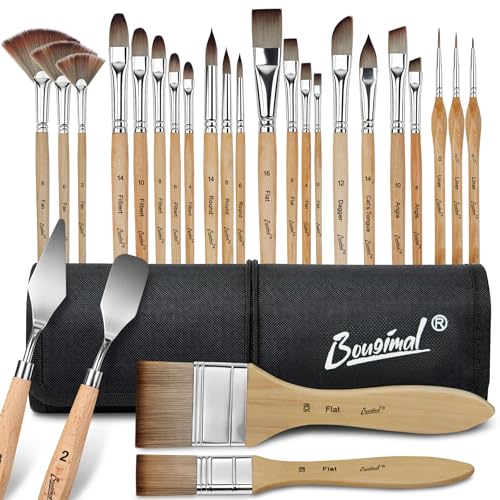 Bougimal 26pc Paint Brush & Palette Knife Set with Waterproof Roll Up Case - color: Wooden