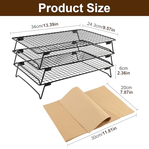 3 Pack Stackable Cooling Racks for Baking, 13.5 x 10 Inch Stainless Steel Wire Racks with Folding Legs, Oven Safe Baking Racks for Cookies, Cakes and Meat, Includes 50 Parchment Paper Sheets