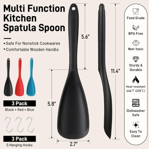3 PACK Silicone Cooking Spatula & Spoon for Nonstick Cookware, BPA-Free - color: Black, Red, Blue