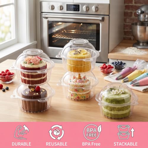 Bekith 150 Pack Individual Cupcake Containers, Plastic Cupcake Holder with Lid, Single Cupcake Boxes, Muffin Container for Party, Stackable