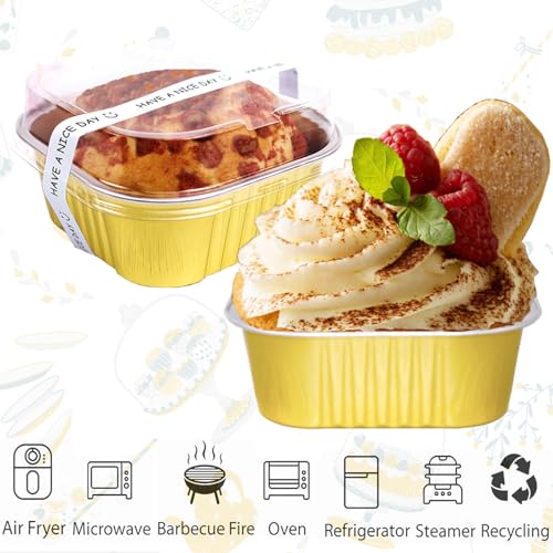 10oz Mini Cake Pans With Lids 50 Pack ,Mini Loaf Pans 4”x4” Cake Container - color: 10OZ-Gold 2