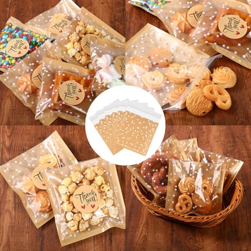 Fuyoooo 50 Pcs Self Adhesive Cookie Bags Cellophane Polka Dot Treat Bags Small Plastic with Thank You Stickers for Party Gift Giving Bakery Biscuit Candy Pastry (5.6 x 5.6 Inch) - size: 5.6 x 5.6 inch