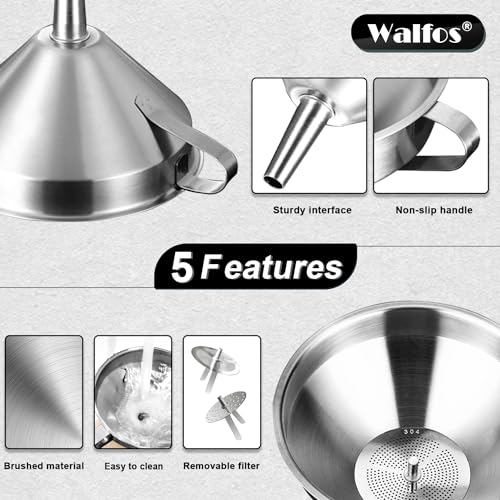 Stainless Steel Funnel, Walfos 3 Different Sizes of Kitchen funnels with 2 Removable Strainer ＆ 1Pcs Cleaning Brush, for Transferring of Liquid, Oils, Jam, Powder - color: 3pcs 5in+4in+3in Stainless Steel