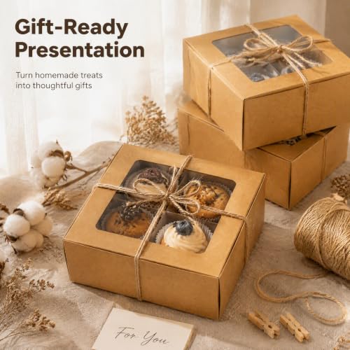 Eorbow 40 Pack Brown Bakery Boxes with Window and Dividers, 6 x 6 Inch Mini Pastry Boxes with 4 Compartments, Kraft Treats Gift Boxes with Inserts, Cupcake Packaging Containers for Pastries Biscuits