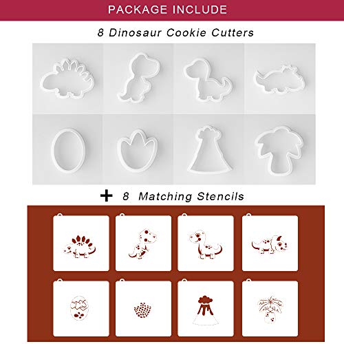 Dinosaur Cookie Cutters with Matching Cookie Stencils -Set of 16-8Pcs Cookie Cutter and 8Pcs Stencils, Include Stegosaurus, T-Rex, Brontosaurus, Triceratops, Dinosaur Egg, Footprint, Volcano and Tree