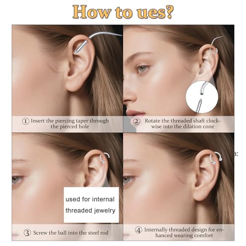 20g 16g 18g Piercing Taper Internal Threaded Piercing Taper Insertion Threader Tool Threadless Jewelry Changing Tool Horseshoe Nose Ring Labret Earring Studs Applicator Piercing Ball Grabber - color: C1- Graber + Insertion Threader Tool