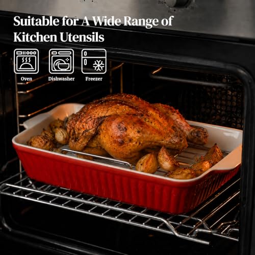 DOWAN 9x13'' Baking Dish with Handles Rack, Deep Casserole Pan & Stainless Steel Roasting Rack for Oven, Chicken & Meat Resting, Ceramic Lasagna Pan, Dishwasher & Microwave Oven Safe-Red - color: Red