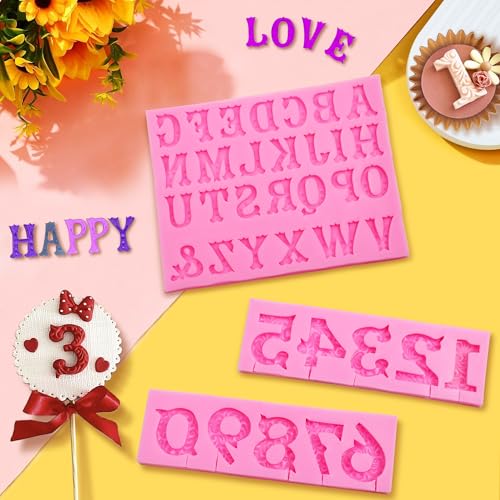 Silicone Letter Number Molds, AIMEIKI 3 Pack 3D Silicone Number 0-9 Alphabet A-Z Embossed Fondant Chocolate Baking Molds for Decorating Birthday Cake Candy Chocolate DIY Craft Projects - color: Alphabet Molds
