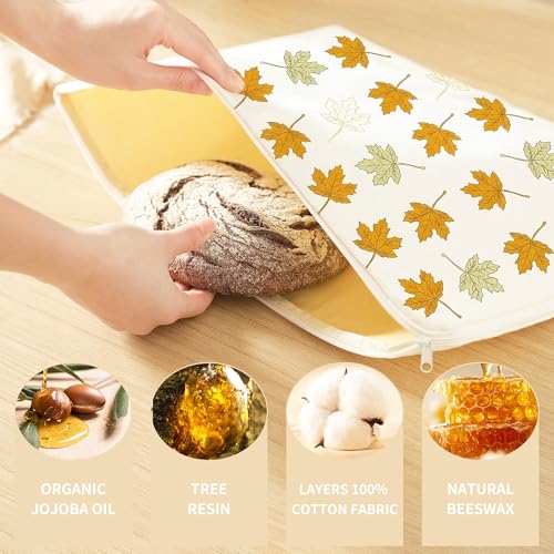 WiNDANCE 2 Pack Beeswax Bread Bags with Zipper, XL(13x17in) Sourdough Bread Storage for Homemade, Freezer Storage Bag to Keep Fresh, Cotton Beeswax Container, Baguette Bag with Liner Kitchen Baking - color: maple leaf