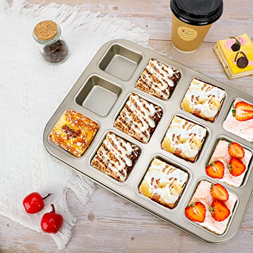 Beasea Brownie Pan with Dividers, 2 Set Gold All Edges Square Cupcake Brownie Pans 12 Mini Cavity Non Stick Baking Carbon Steel Bread Mold Small Edge 3x4 Individual Cutter Sheet Tray for Cake Oven - color: Gold Brownie