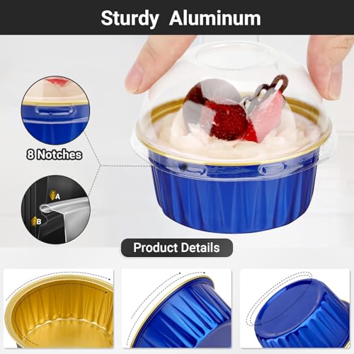 EUSOAR Mini Cake Pans with Lids and Sporks Individually Wrapped, 120pcs 5oz Creme Brulee Ramekins Disposable Cupcake Liners, Foil Ramekins Muffin Dessert Baking Cups for Wedding Picnic Gathering - color: Royal Blue/Gold
