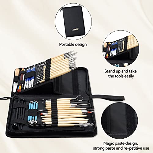 ISSEVE 43Pcs Pottery Clay Sculpting Tools Set with Stand-Up Organizer Bag - color: Black Upgrade Stand-up Bag