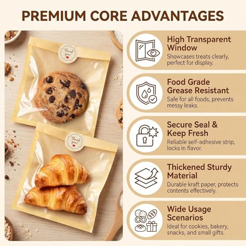 100Pcs Brown Paper Cookie Bags with Stickers & Window 5x6.5 inch - size: 14.5X16.5CM
