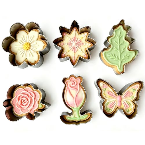 6Pcs Flower Cookie Cutter Set - Flower Shaped Cookie Cutter-Daisy, Tulip, 4 Shaped of Flowers, Butterfly, Leaves, Stainless, Steel Cookie Cutters, Baking Tool for Homemaking Cookie - color: B