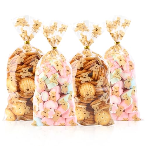 100 Pcs 5 x 11 Inch Clear Cellophane Treat Bags with 100 Gold Twist Ties, Bear Printed Food-Safe Plastic Bags for Gift Wrapping, Birthday, Wedding, Valentine's Day, Party, Classroom Gifts - color: Rainbow (Cub), size: 5x11inch(100pcs)