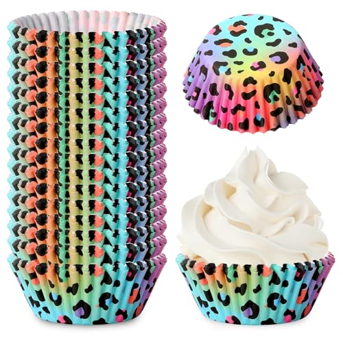 Whaline 300Pcs Leopard Print Cupcake Liner Neon Animal Spot Paper Baking Cups Rainbow Muffin Wrappers Cake Storage Container for Party DIY Crafts, 2 x 1.2 Inch - style: Neon Leopard