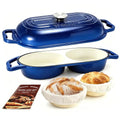 DIY Double Dutch Oven for Sourdough Bread Baking – Enamel Cast Iron Bread Baker with Lid, Bake Two Different Loaves at Once, 500°F Oven Safe, Includes 2×9" Banneton Proofing Baskets - color: Dark blue