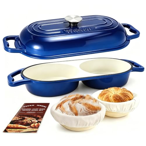 DIY Double Dutch Oven for Sourdough Bread Baking – Enamel Cast Iron Bread Baker with Lid, Bake Two Different Loaves at Once, 500°F Oven Safe, Includes 2×9" Banneton Proofing Baskets - color: Dark blue