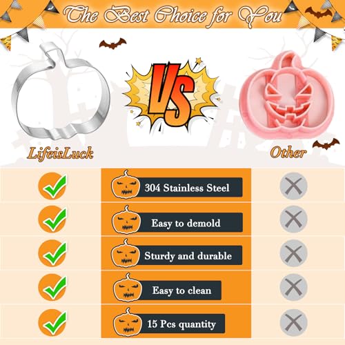 15 Pcs Halloween Cookie Cutters Stainless Steel Fall Cookie Cutter Shape Set DIY Holiday Biscuit Cutter Mold with Ghost Pumpkin and more Halloween Set for Food Party Baking Supplies Decorations - style: 15Pcs Halloween Cookie Cutters