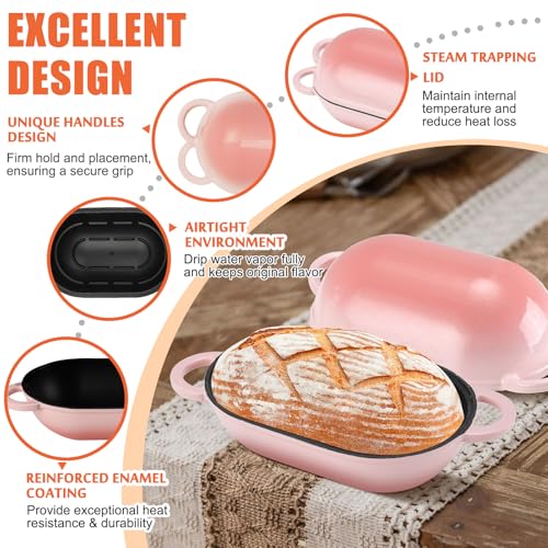 5 QT Enameled Cast Iron Sourdough Bread Oven, Loaf Pan with Lid - color: Pink, size: 5 QT