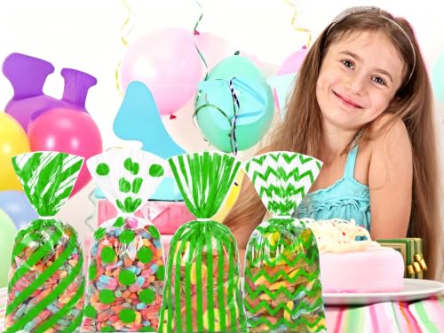 Capesaro 50 Pieces 10.6 x 5.1 In Green Cellophane Treat Bags Candy Gift Bag with Twist Ties Stripes Polka Dot Printed Pattern Goodie Bag for Birthday Weddings Party - color: Green-10.8'' x 5''