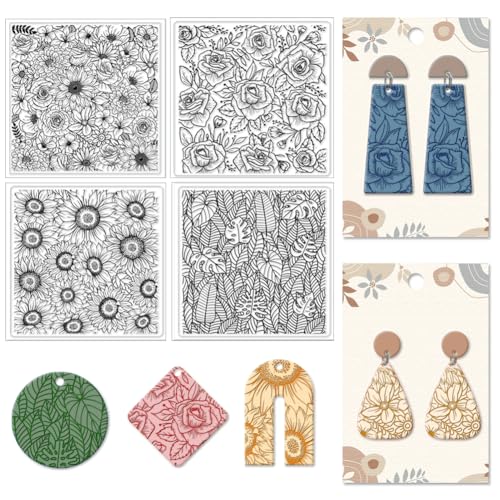 CHGCRAFT 4Pcs 4 Styles Plants Flowers Polymer Clay Texture Sheets, 5.5x5.5Inch - style: Plants