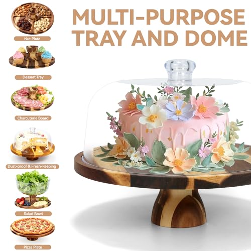 Acacia Wood Cake Stand with Lid – 12" Round Cake Holder & Dessert Stand, 2-in-1 Charcuterie Board & Serving Platter for Cheese, Fruit – Acrylic Dome, Wedding Party Centerpiece