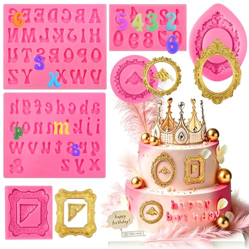 6 Pcs Picture Frame Silicone Molds, Letter Mold and Numbers Molds Kit - color: 6 Pcs Picture Frame & Letter & Number Mold, Pink