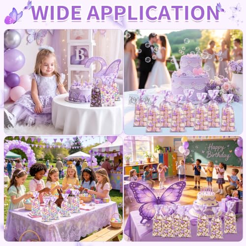 ZYLOP 50 Pcs Purple Butterfly Cellophane Goodie Bags, Plastic Candy Treat Bags with 60 Pcs Silver Twist Ties for Butterfly Theme Baby Shower Birthday Party, Spring Easter Dessert Cookie Gift Bags - color: Purple 50pcs