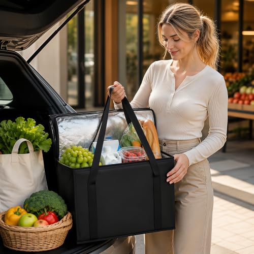 Bodaon 1PK Insulated Grocery Bags with Reinforced Baseboard, X-Large, Black - color: Black, size: X-Large with Hard Bottom