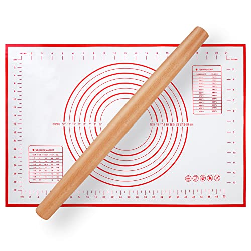 Wood French Rolling Pin for Baking, QUELLANCE Wooden Dough Roller with Silicone Baking Mat, Beech Wood Rolling Pins for Baking Dough, Pizza, Pie, Pastries, Pasta and Cookies,Red Pastry Mat - size: RD-16 inch