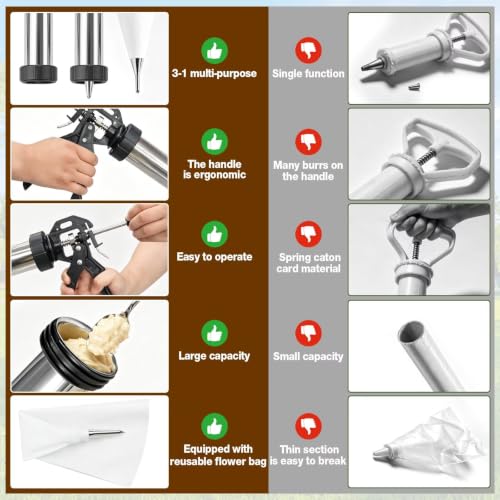 3-in-1 Cookie Press and Churro Maker, Stainless Steel Baking Gun