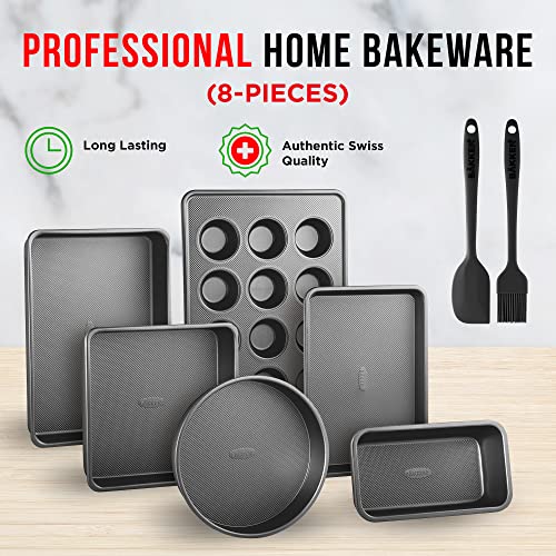 Bakeware Set – 8 Piece – Non-Stick Professional Home Bakeware – Multi Sized Baking Pan Set - Muffin Pan, Loaf Pan and More – Black - color: Black, size: 8 Piece Set