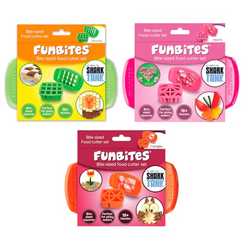 FunBites Sandwich Cutter for Kids Lunch, Crustless Bento 2-Pc Set, 3 Pack - color: Green Squares/Pink Hearts/Orange Triangles